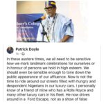 Economic hardship: Patrick Doyle criticizes the insensitivity of celebrating a founder’s birthday with a Rolls Royce gift amid economic hardship.”