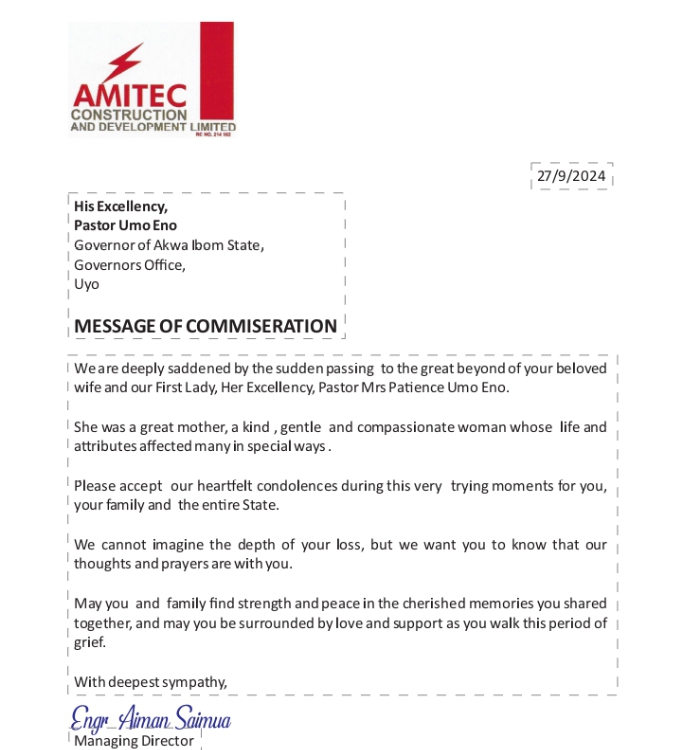 AMITEC BOSS MOURNS A’IBOM FIRST LADY